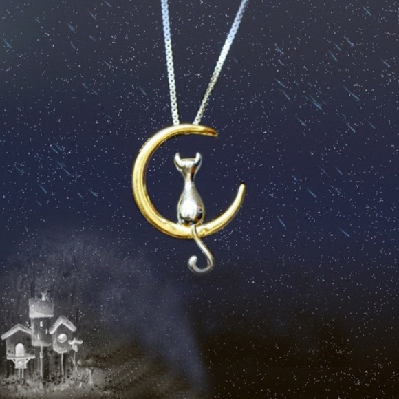 Crescent Moon Gold & Silver Cat Pendant Necklace - Picture 2 of 6